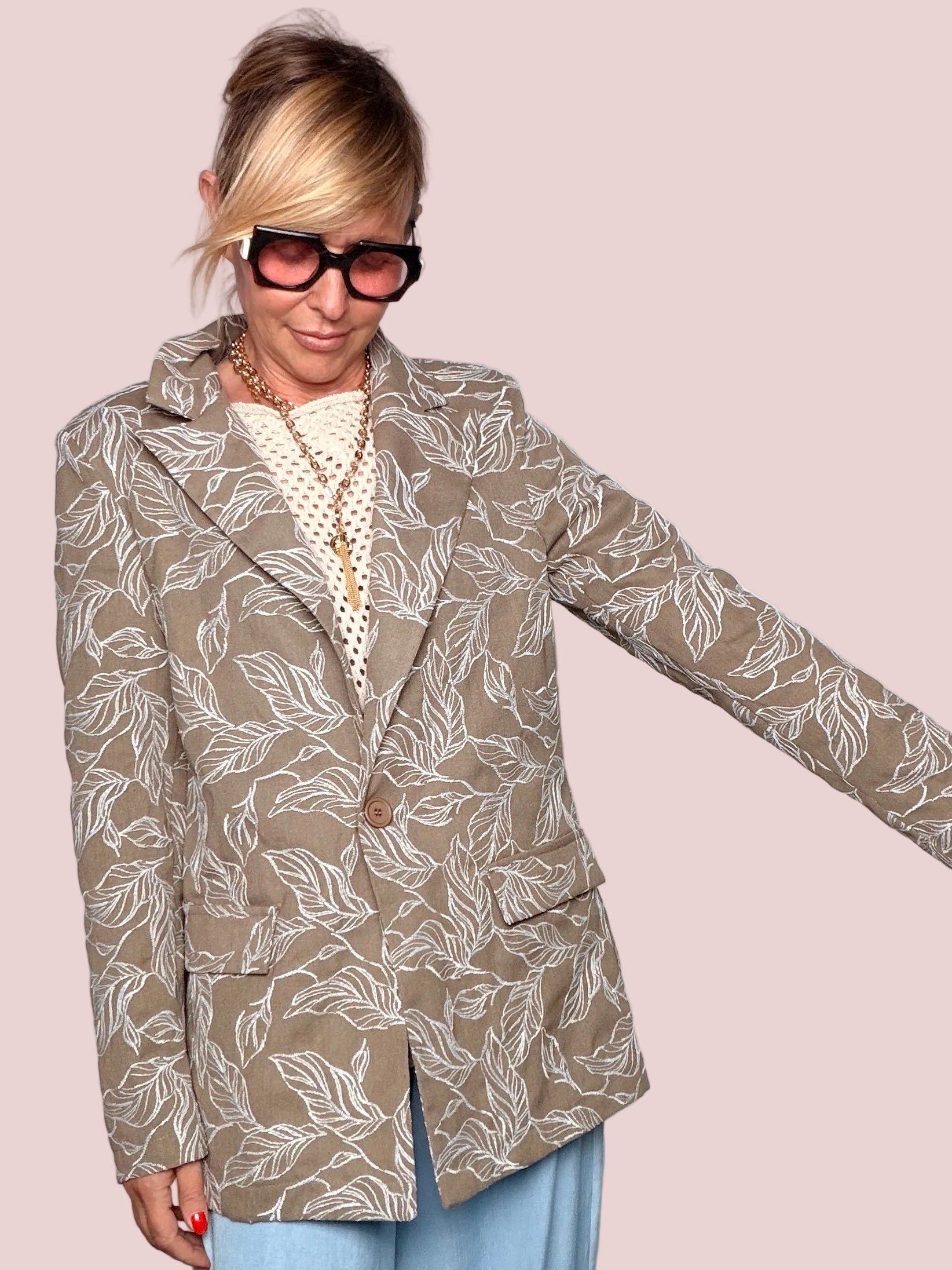 Blazer Oversize Stampa Foglie Tortora