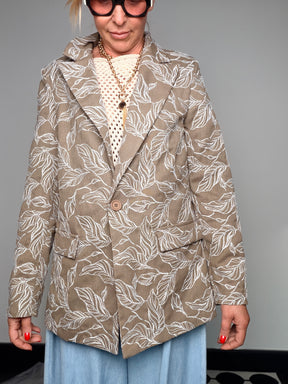 Blazer Oversize Stampa Foglie Tortora