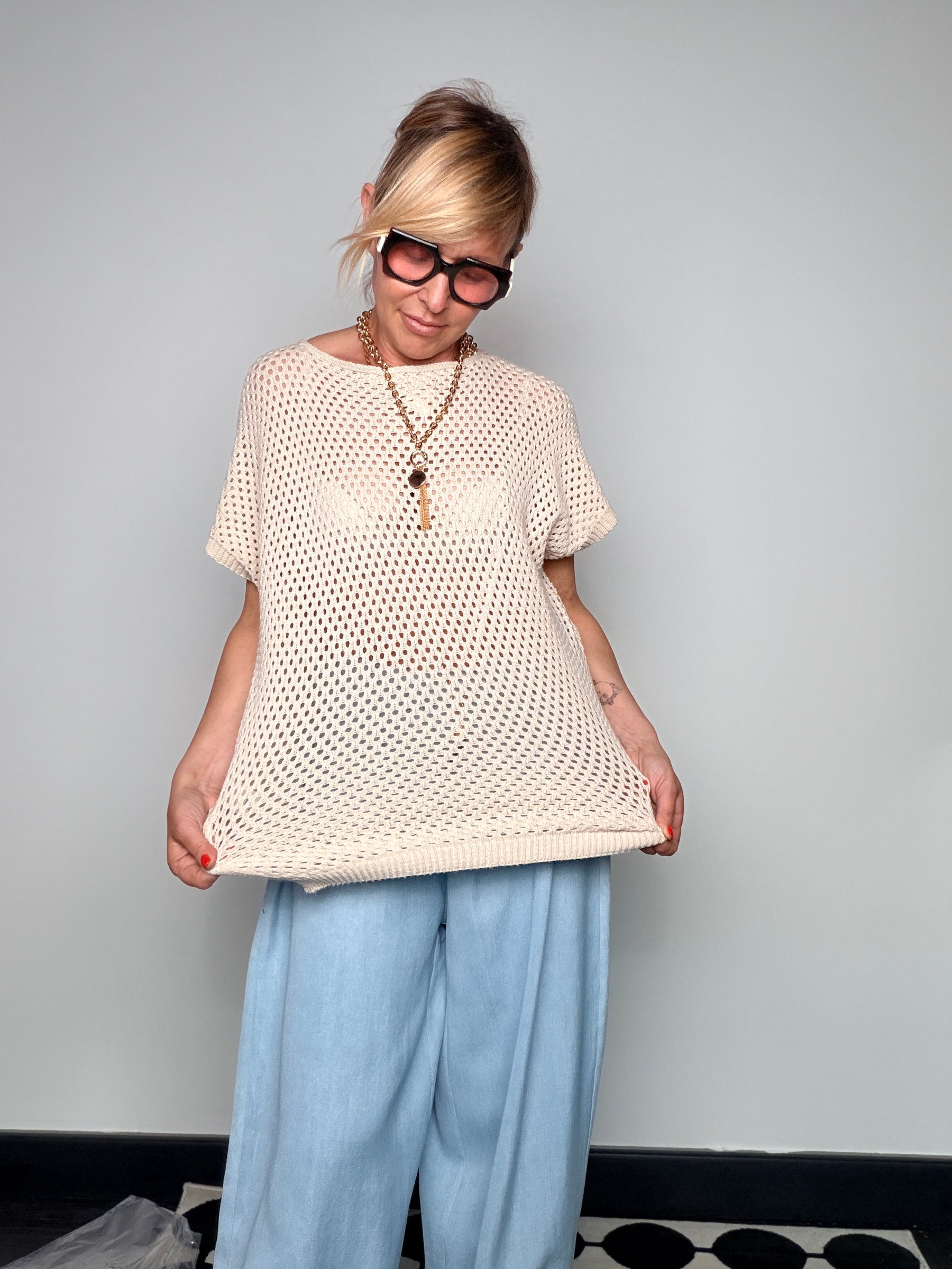 Top Maglia Traforata Oversize Avorio