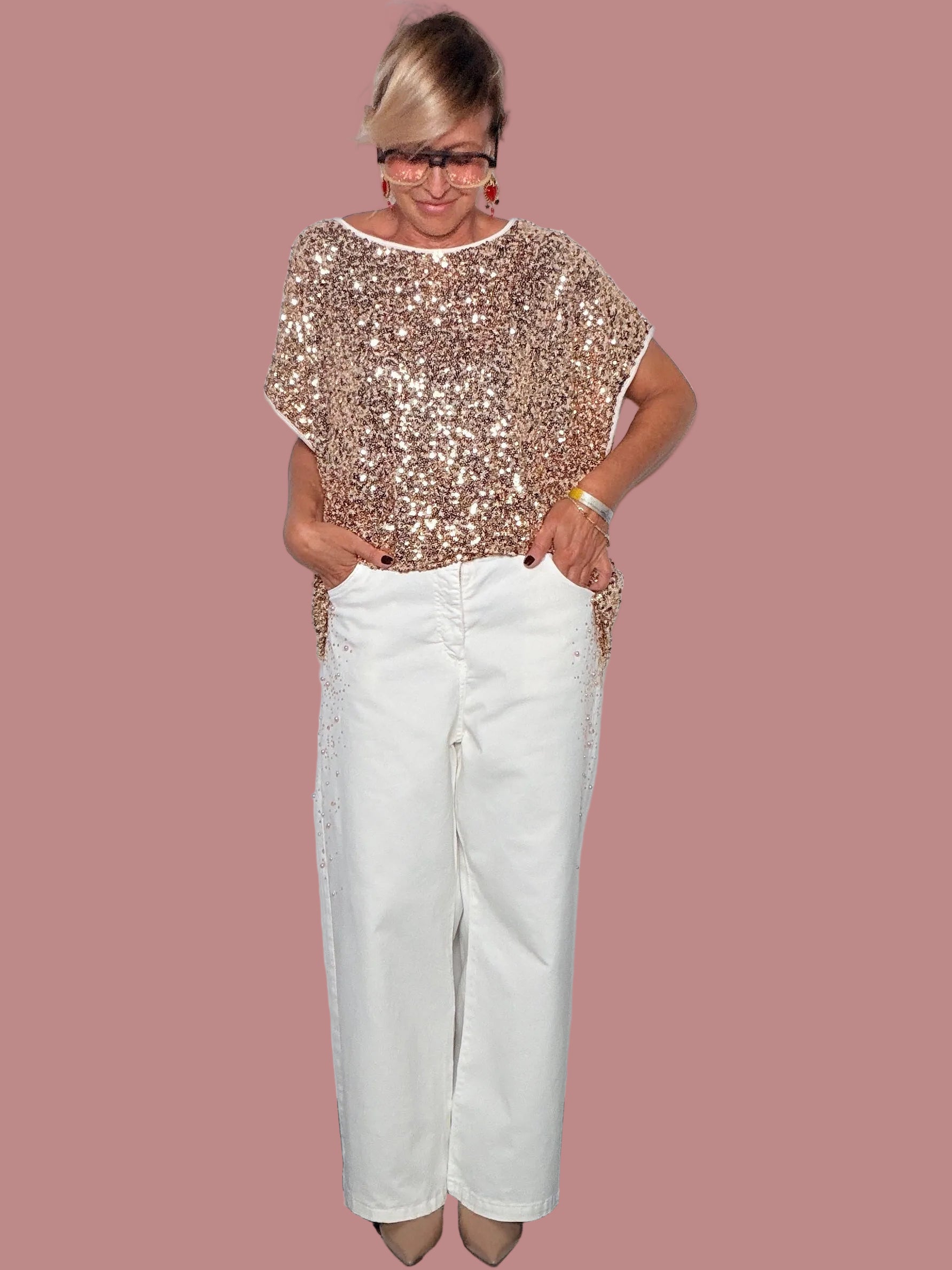 Pantalone Wide Leg con Strass e Perline | 3 Colori