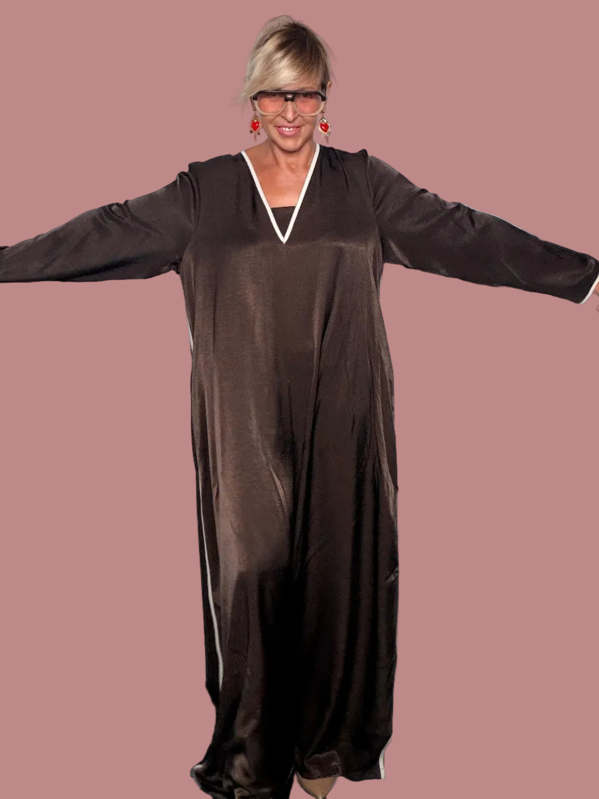 Tuta Maxi Raso Marrone | Piping Panna | Stile Kaftan