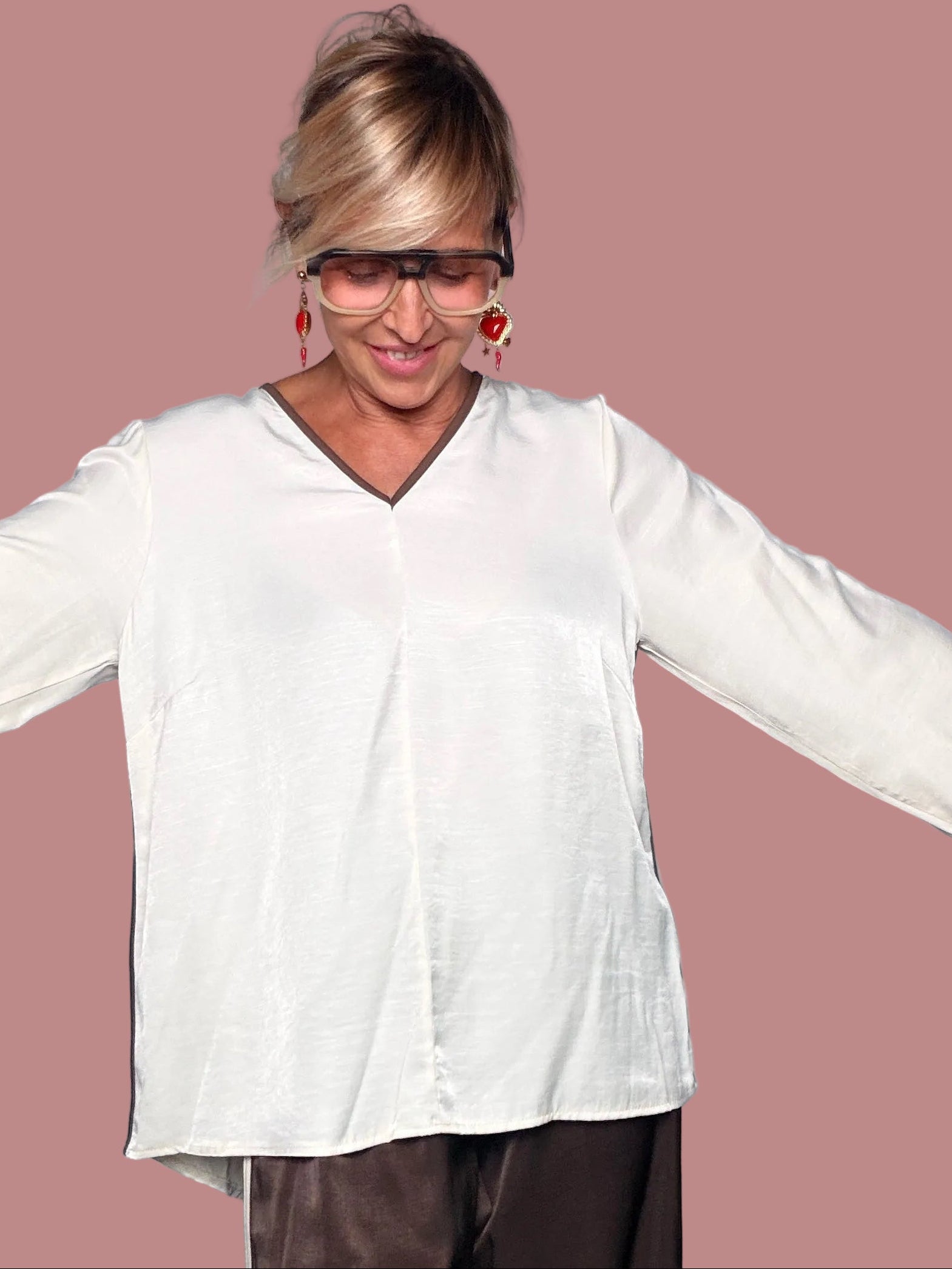Blusa Oversize Raso Bianco | Piping Marrone
