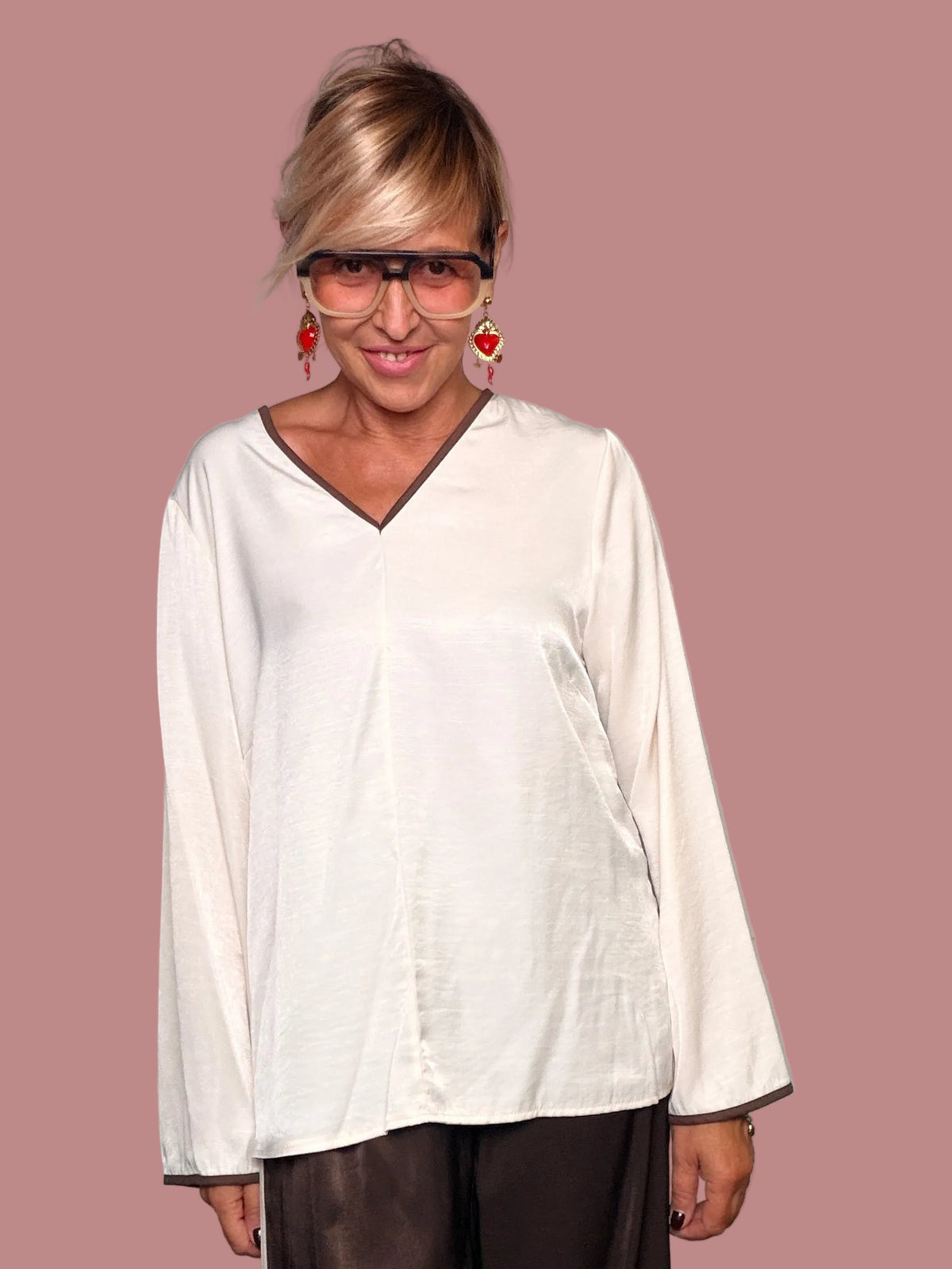 Blusa Oversize Raso Bianco | Piping Marrone
