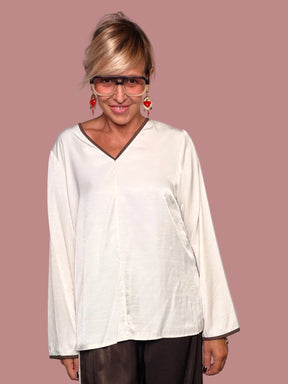 Blusa Oversize Raso Bianco | Piping Marrone