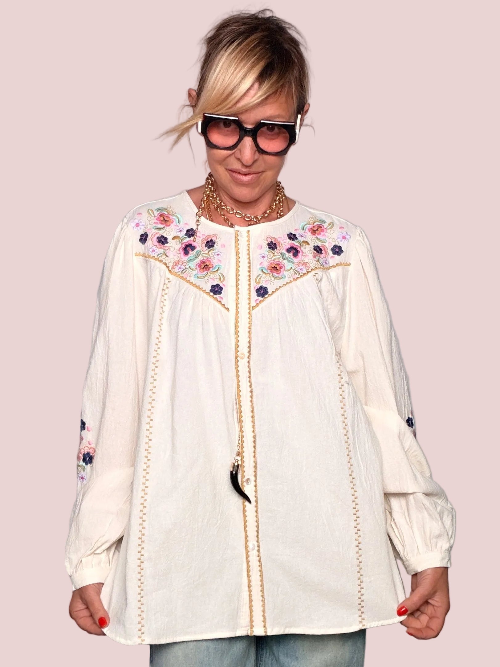 Camicia Ricami Floreali Boho