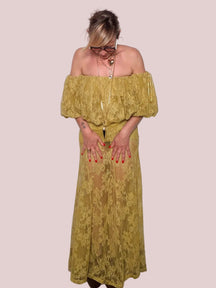 Gonna midi in pizzo floreale – giallo senape / nero