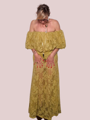 Gonna midi in pizzo floreale – giallo senape / nero