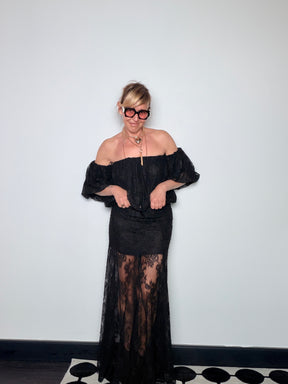 Top off-shoulder in pizzo floreale – giallo senape / nero