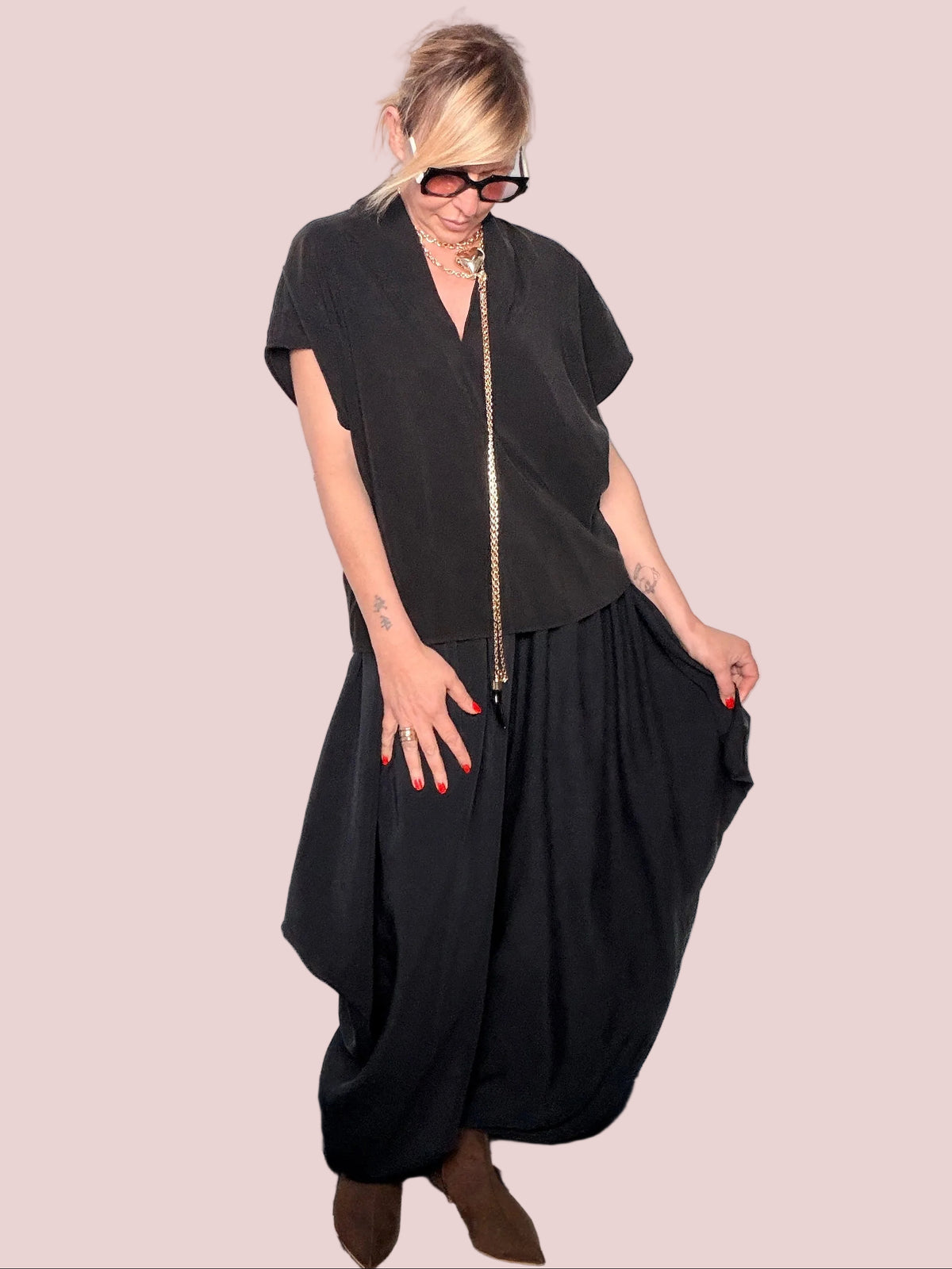 Completo due pezzi top V-neck e pantalone balloon