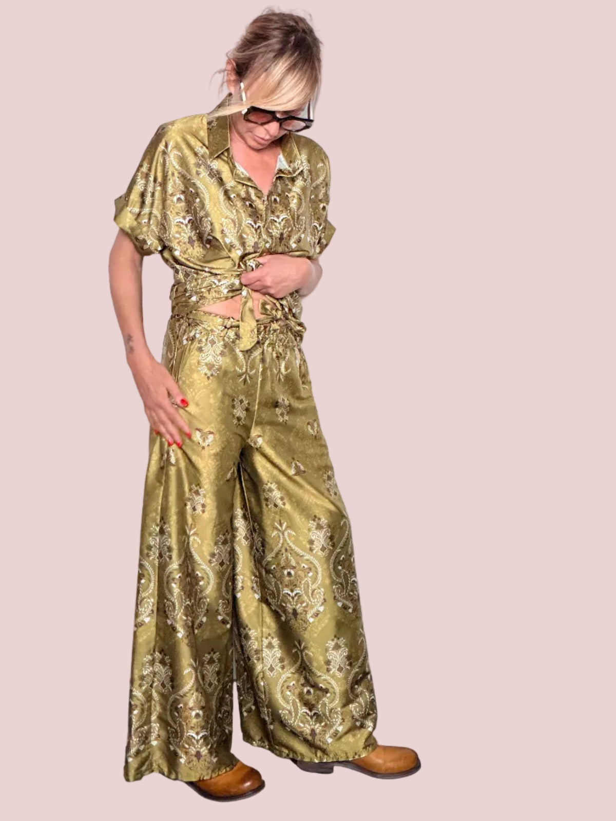 Pantalone palazzo stampa broccato damascato – oro verde oliva