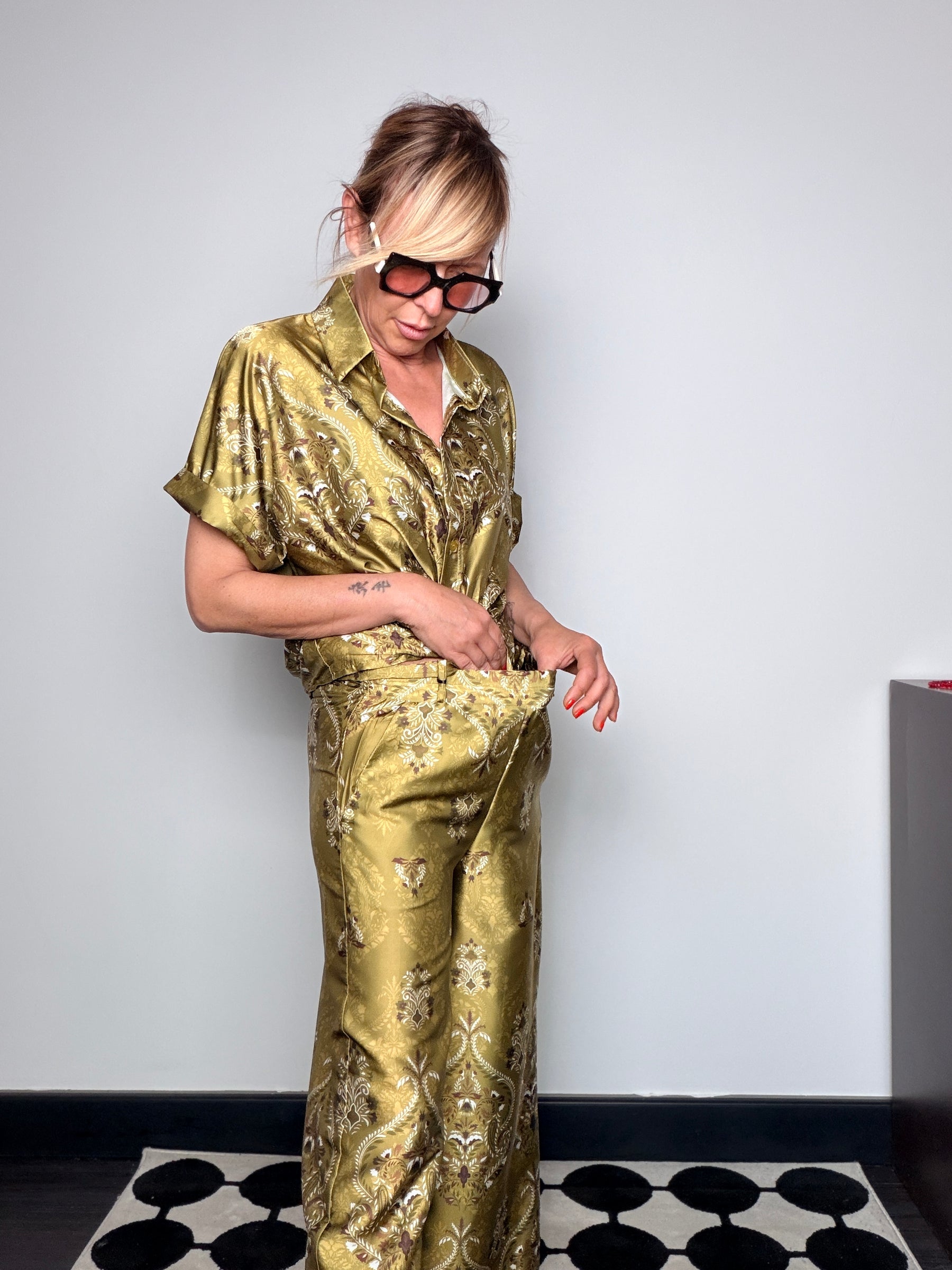 Pantalone palazzo stampa broccato damascato – oro verde oliva