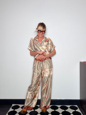 Pantalone palazzo patchwork satin righe floreali