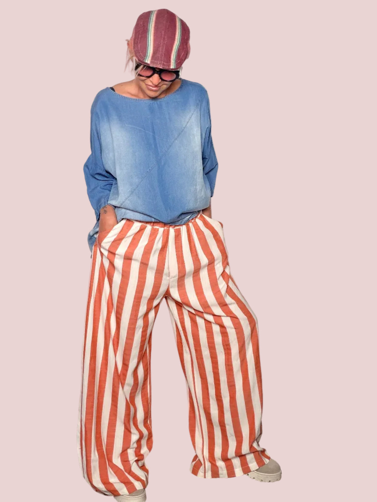 Pantalone Wide Leg a Righe Arancio e Bianco