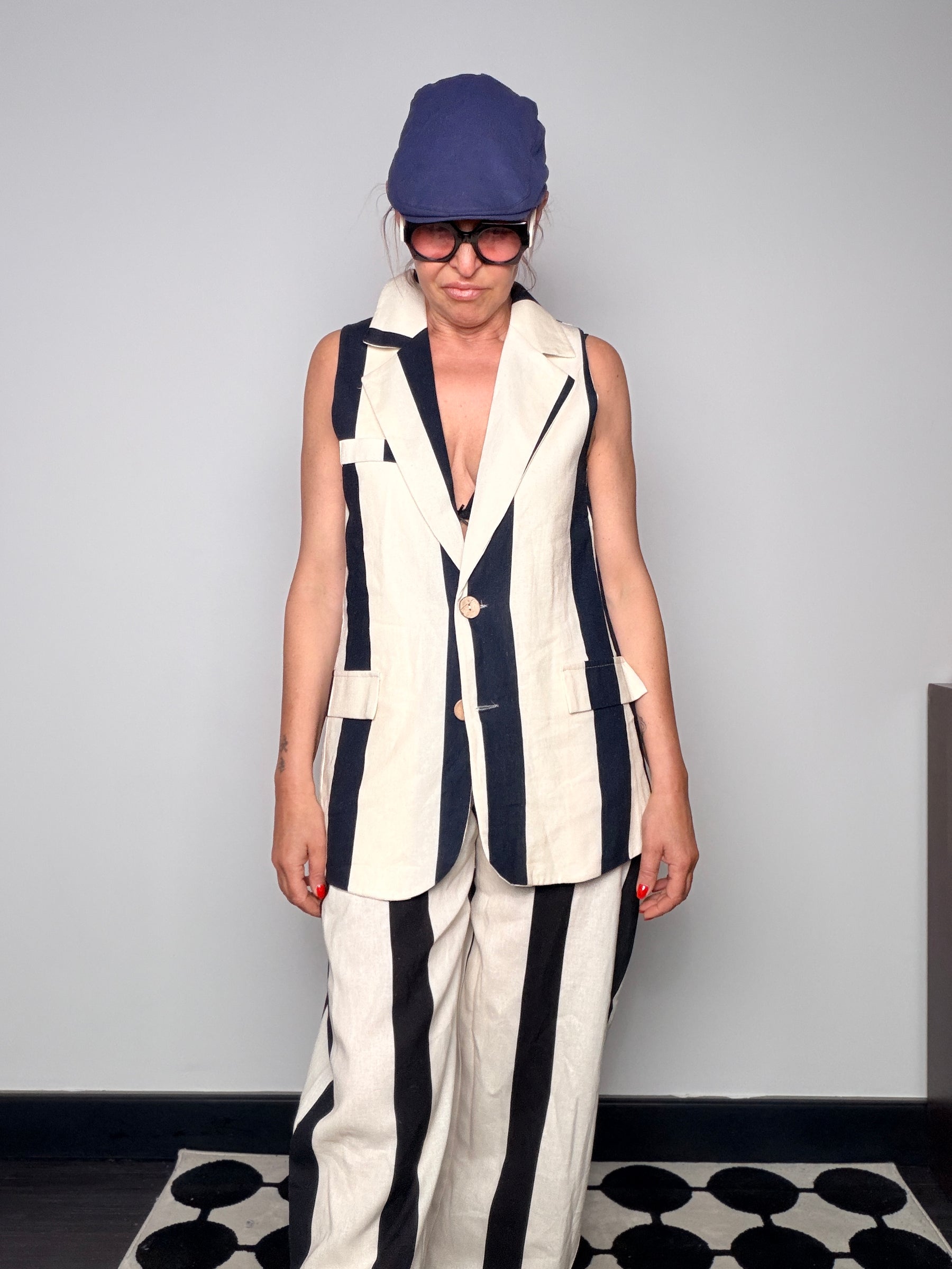Completo Gilet Sartoriale + Pantalone Wide Leg Righe Navy