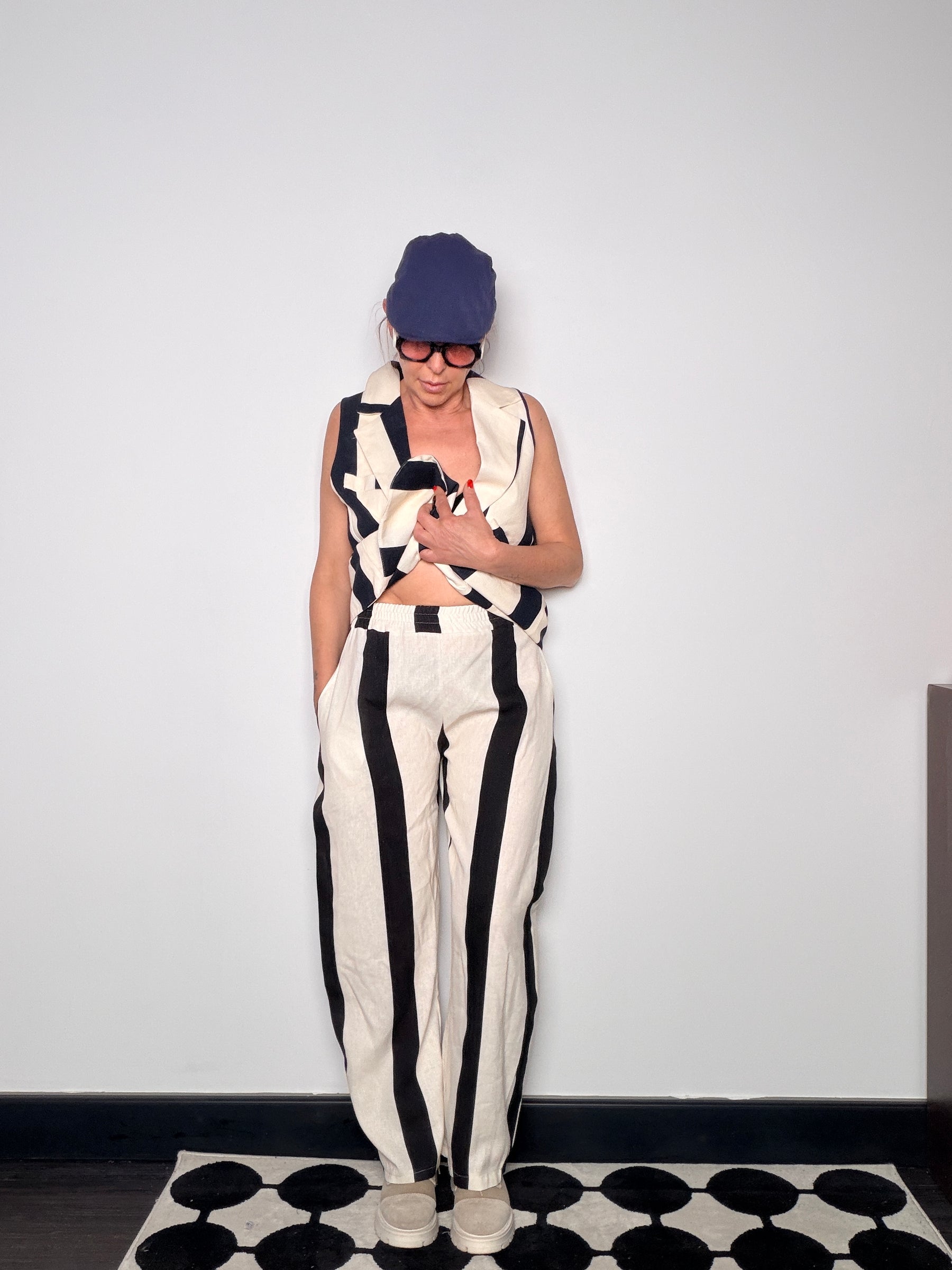 Completo Gilet Sartoriale + Pantalone Wide Leg Righe Navy