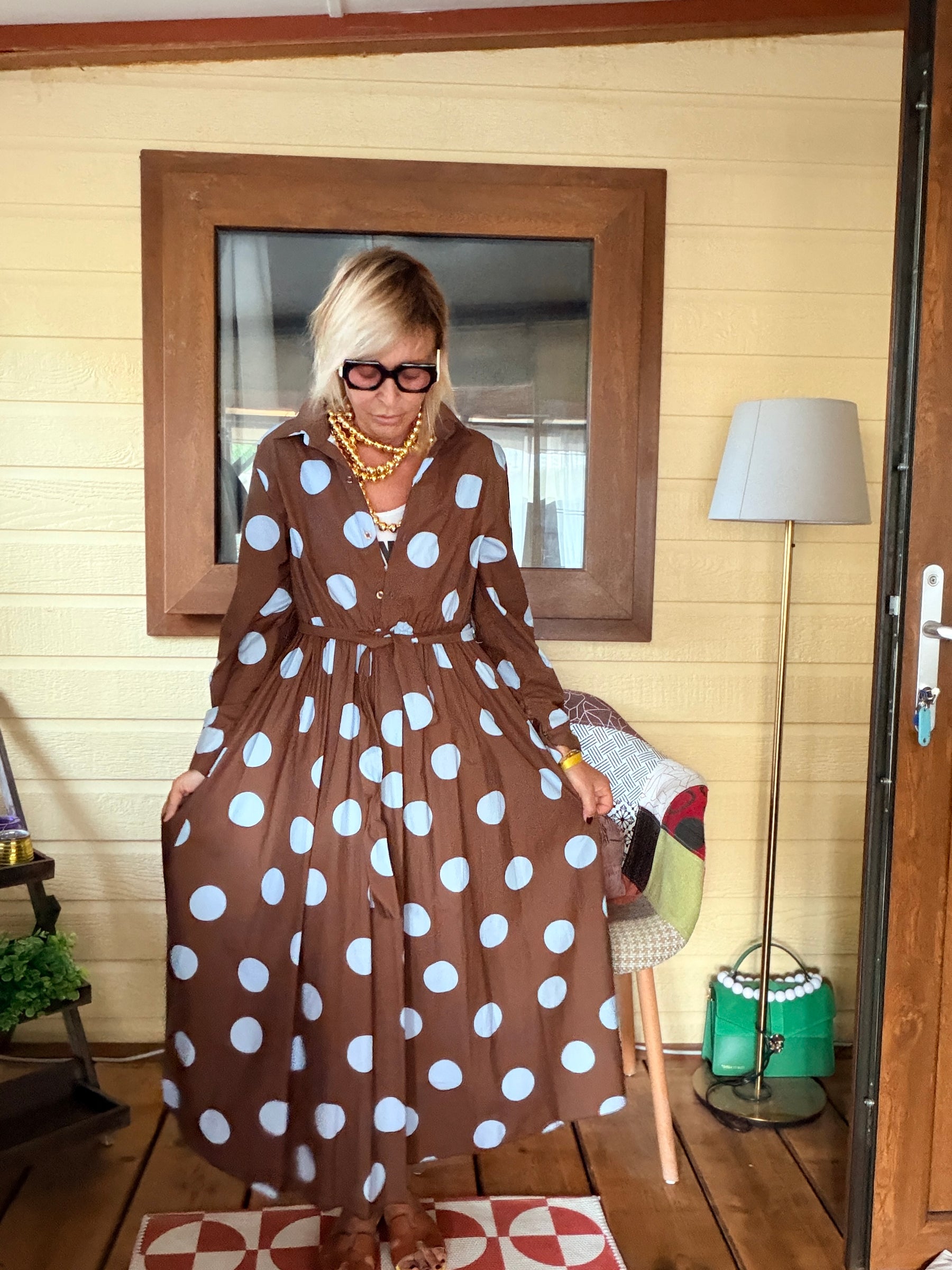 Abito Maxi Chemisier a Pois Maxi | Celeste/Marrone | 2 Colori
