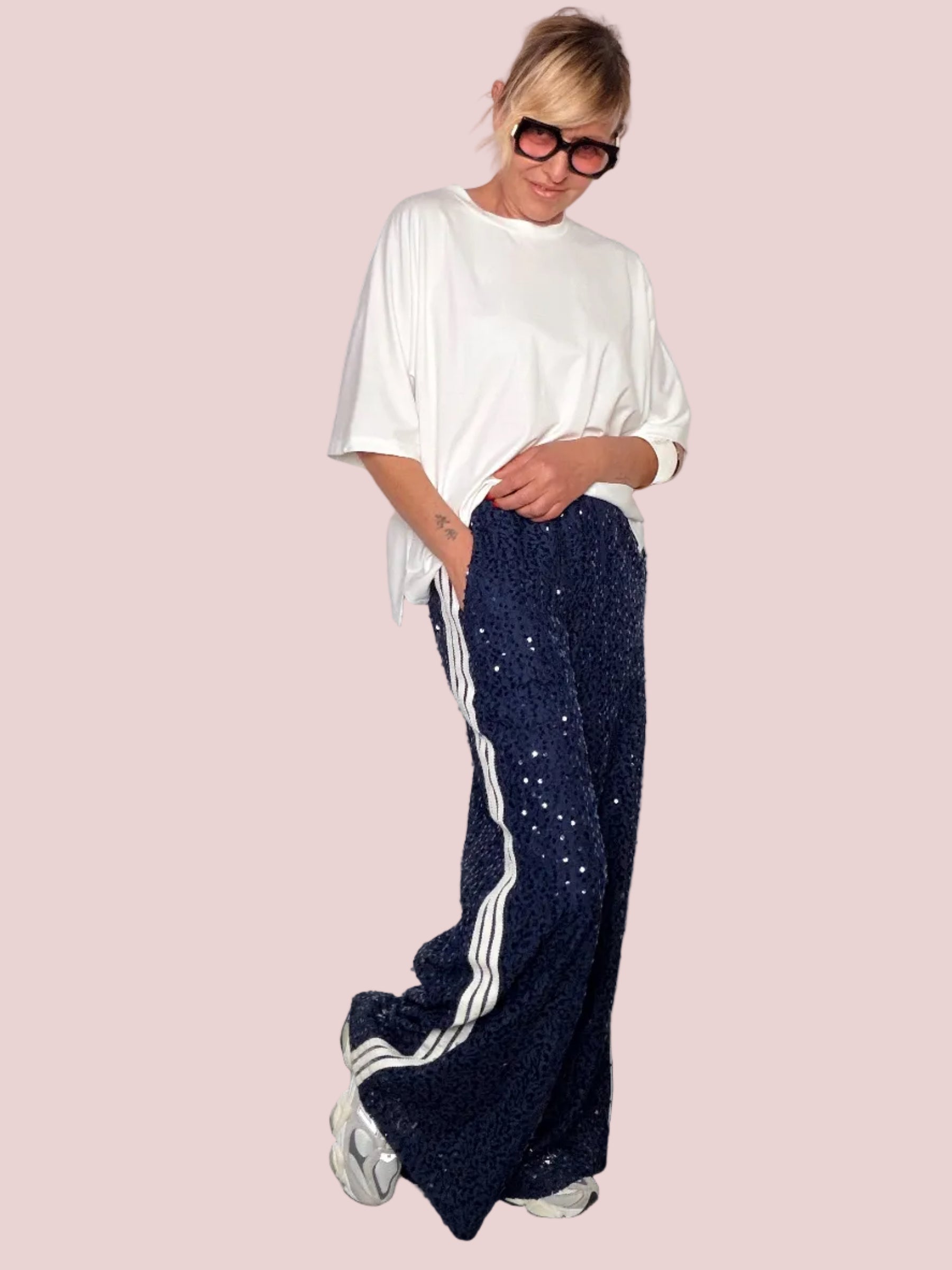Pantalone Palazzo in Pizzo e Paillettes con Banda Laterale