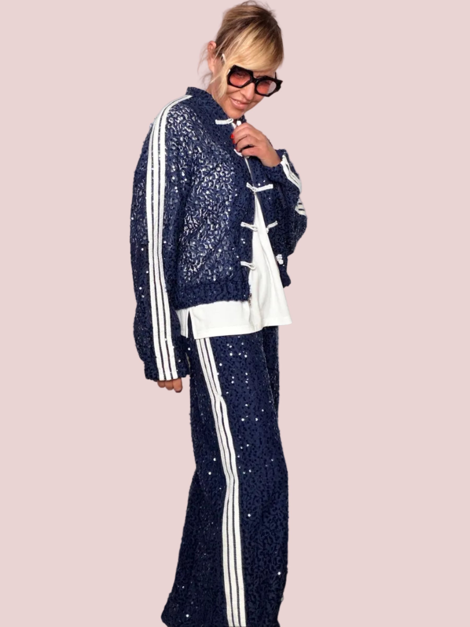 Pantalone Palazzo in Pizzo e Paillettes con Banda Laterale