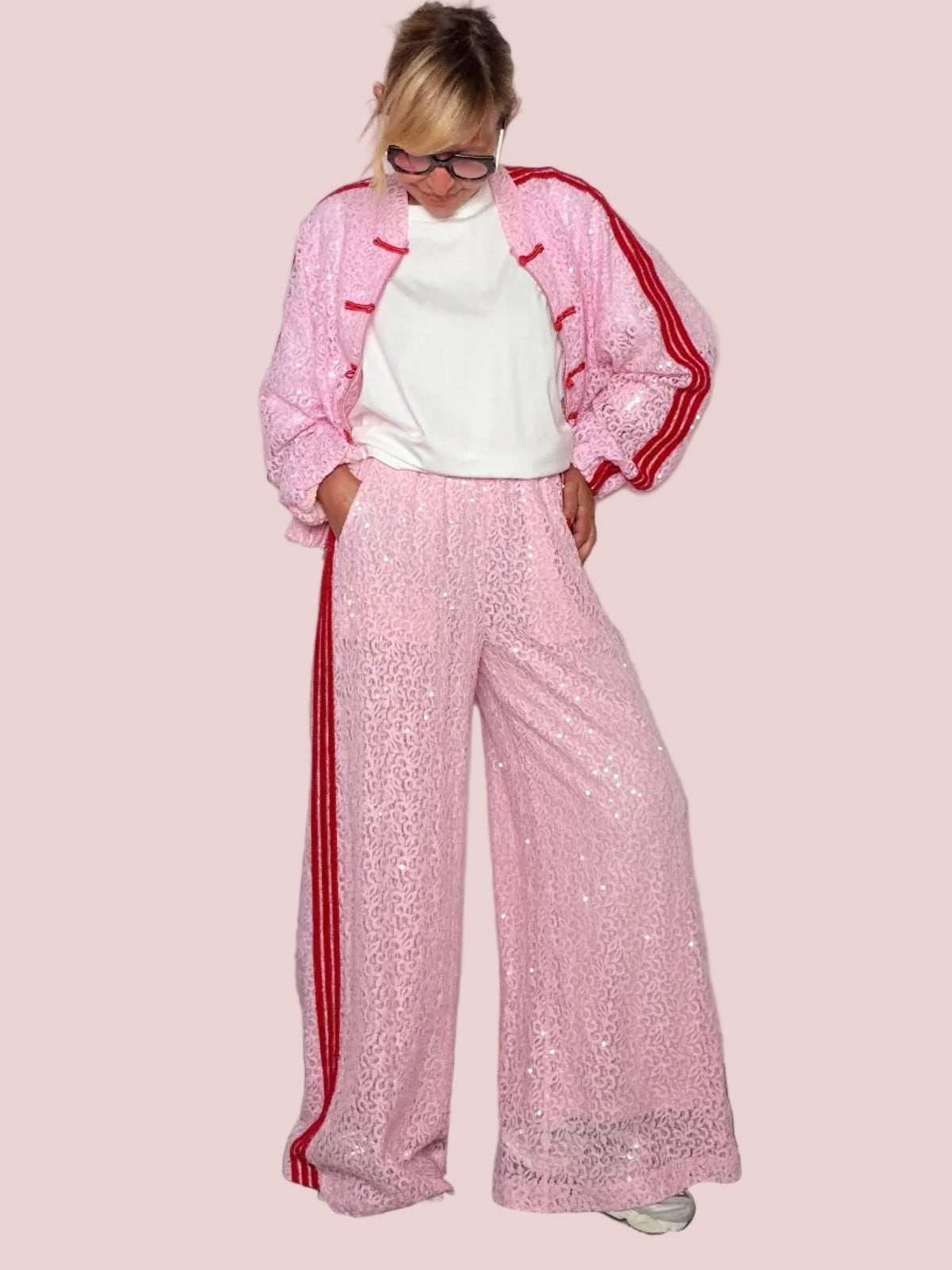 Pantalone Palazzo in Pizzo e Paillettes con Banda Laterale