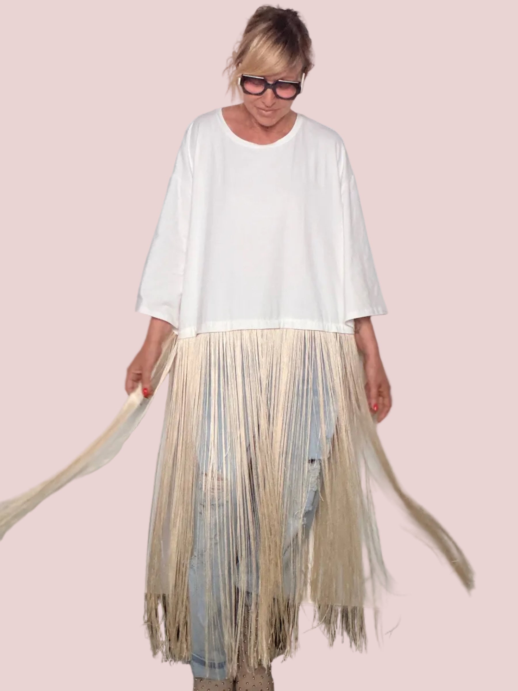 Maxi T-shirt con Frange in Filo