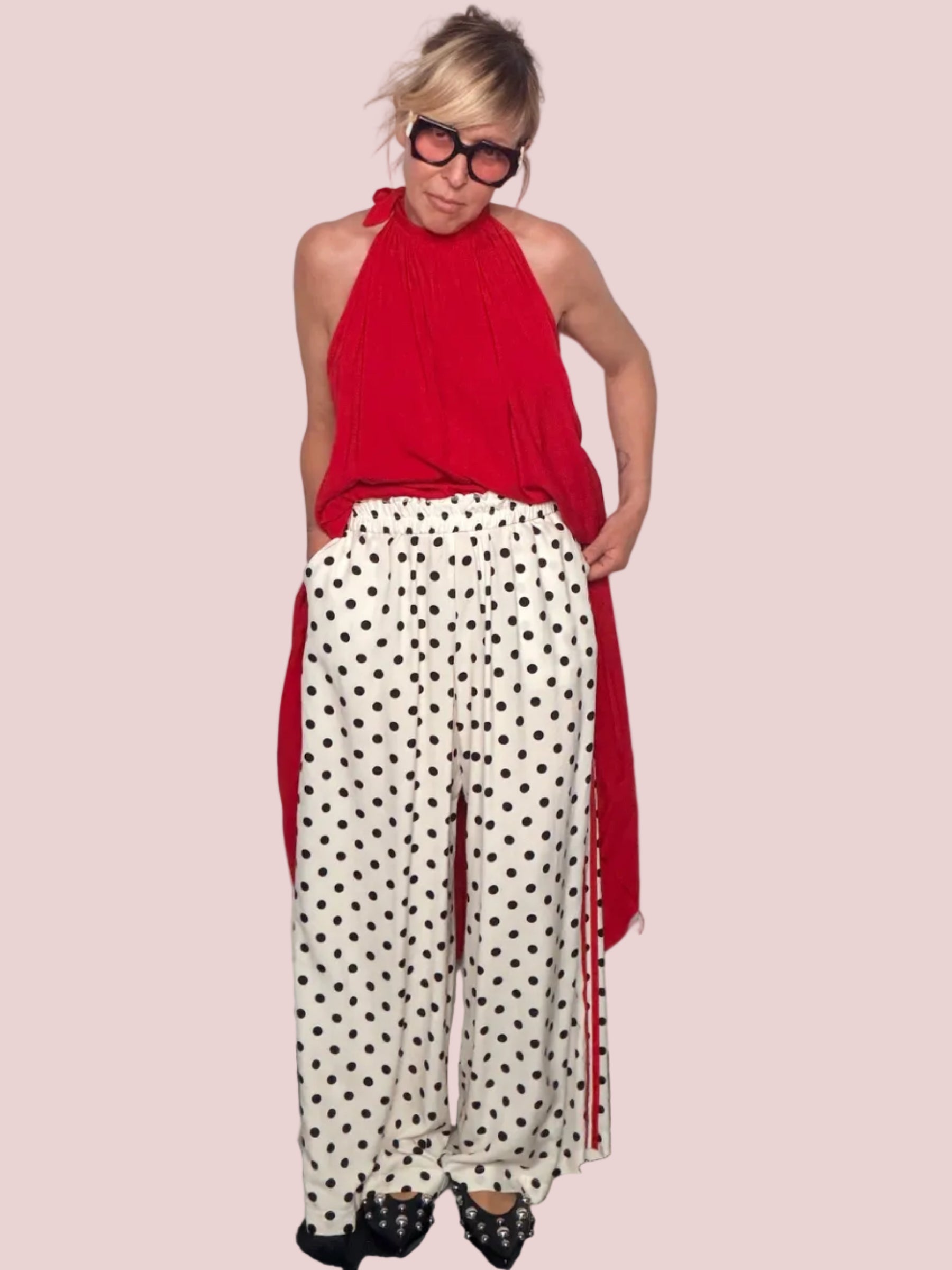 Pantalone Palazzo a Pois con Banda Laterale a Contrasto