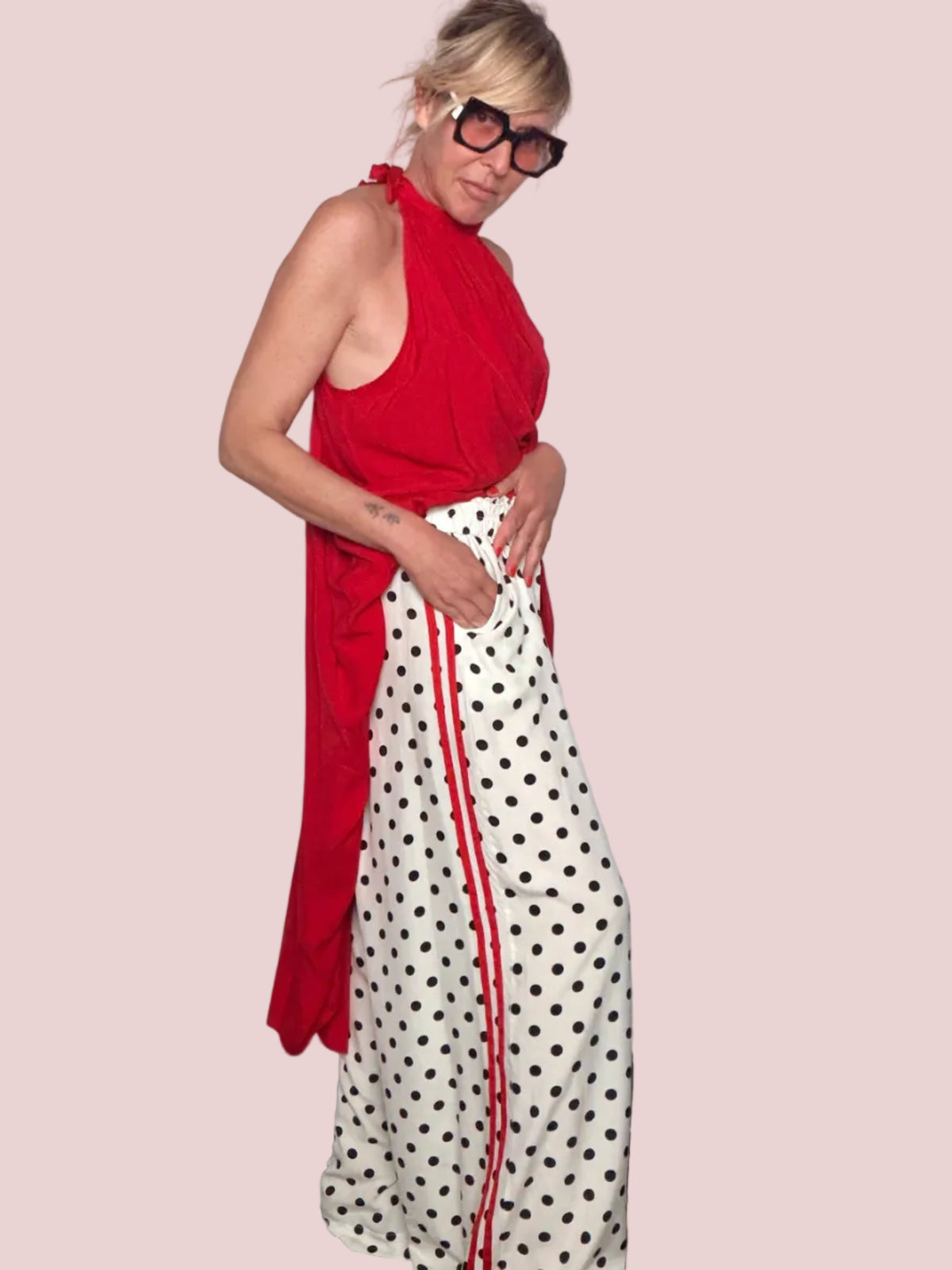 Pantalone Palazzo a Pois con Banda Laterale a Contrasto