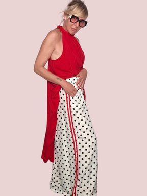 Pantalone Palazzo a Pois con Banda Laterale a Contrasto