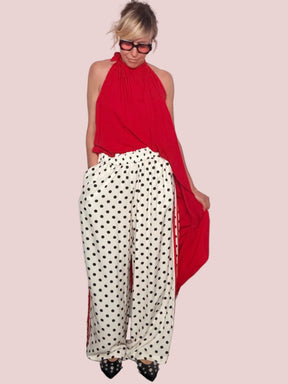 Pantalone Palazzo a Pois con Banda Laterale a Contrasto