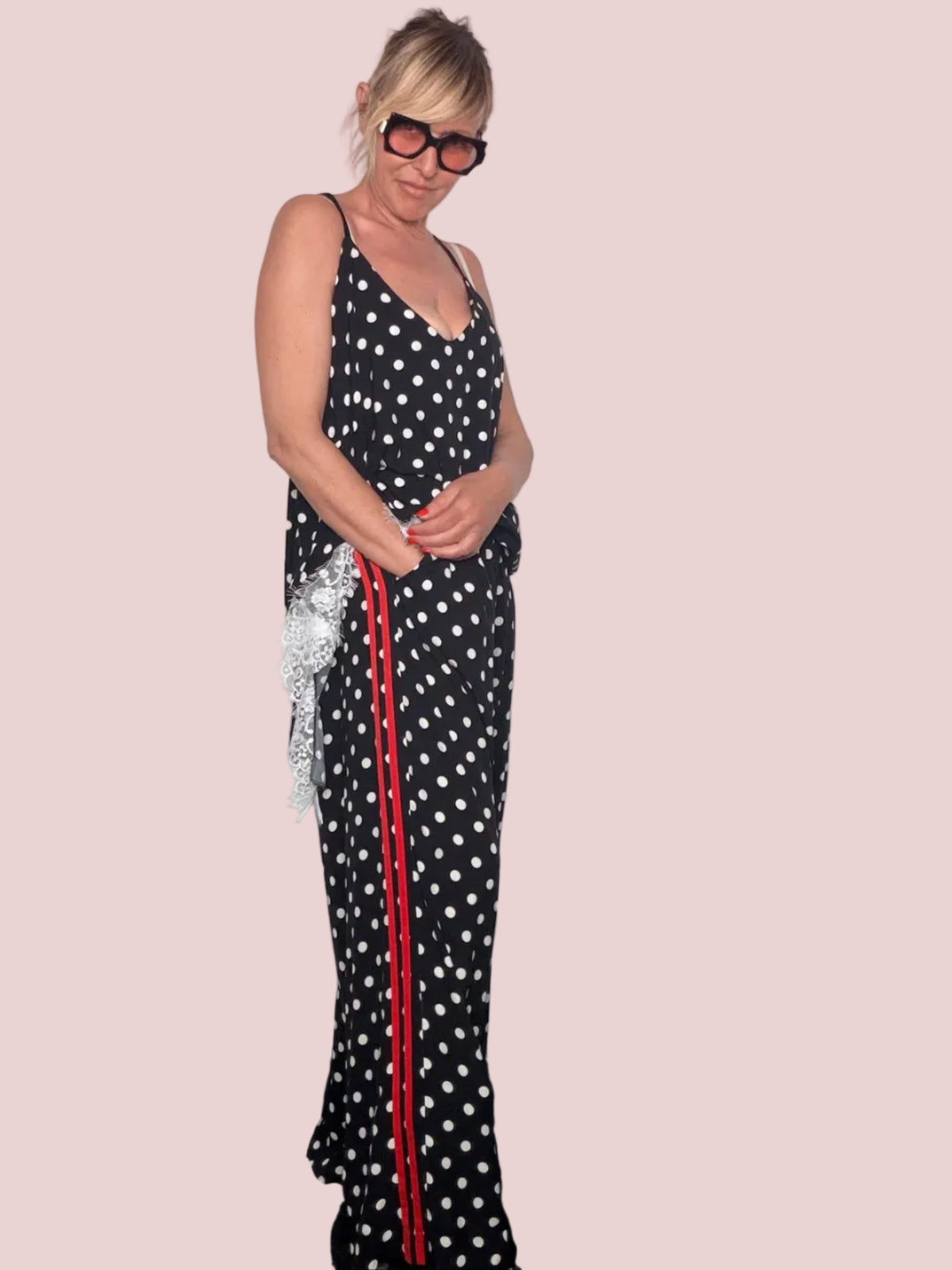 Pantalone Palazzo a Pois con Banda Laterale a Contrasto