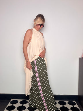 Pantalone Palazzo a Pois con Banda Laterale a Contrasto