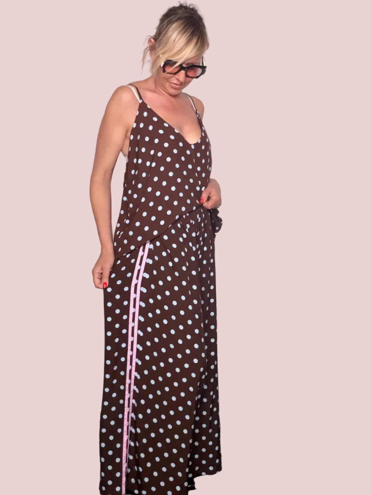 Pantalone Palazzo a Pois con Banda Laterale a Contrasto