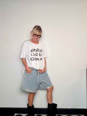 Bermuda Jeans Denim Chiaro Over con Strappi
