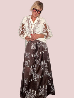 Pantalone Palazzo con Stampa Patchwork Folk – Marrone/Bianco