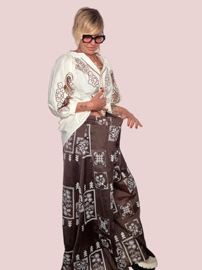 Pantalone Palazzo con Stampa Patchwork Folk – Marrone/Bianco