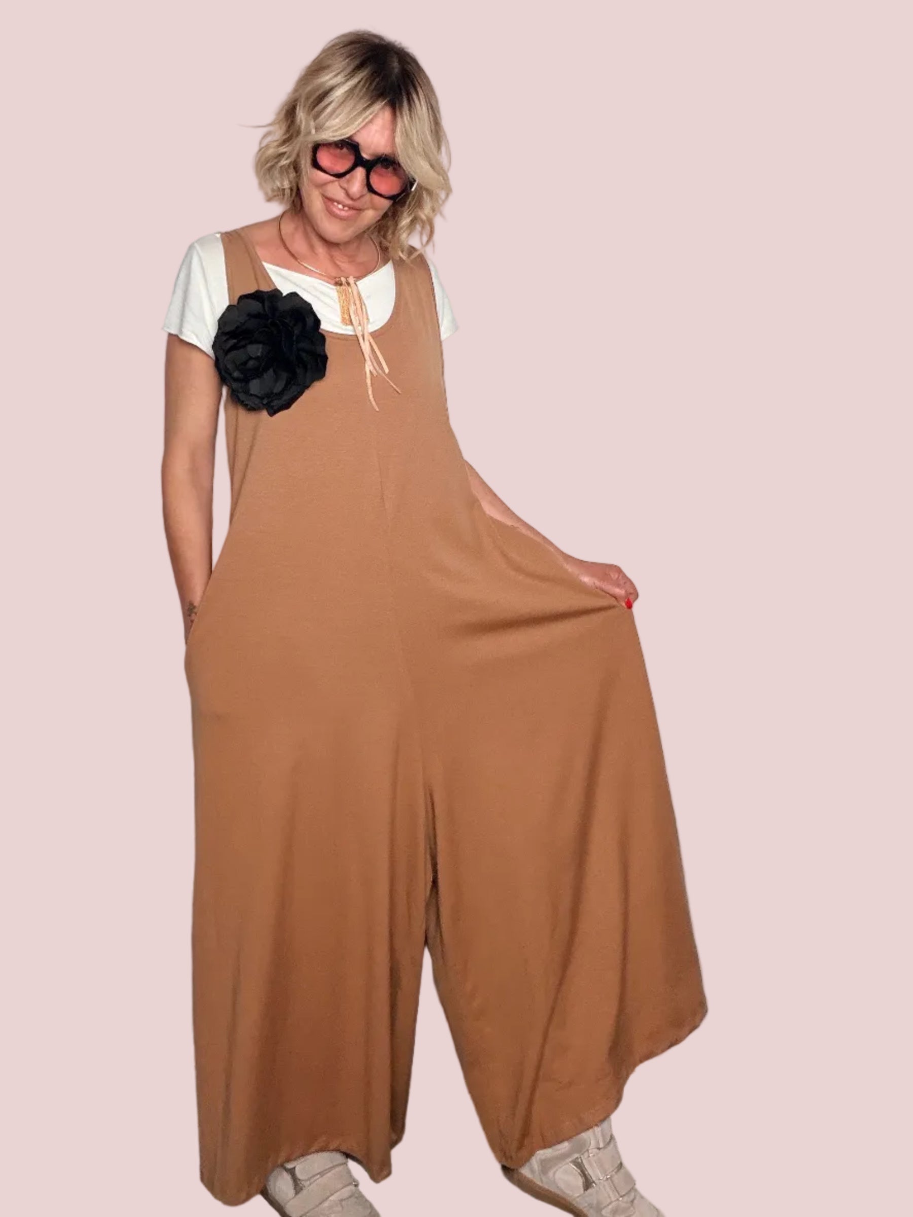Tuta Salopette Cotone Over – Camel / Blu / Cioccolato