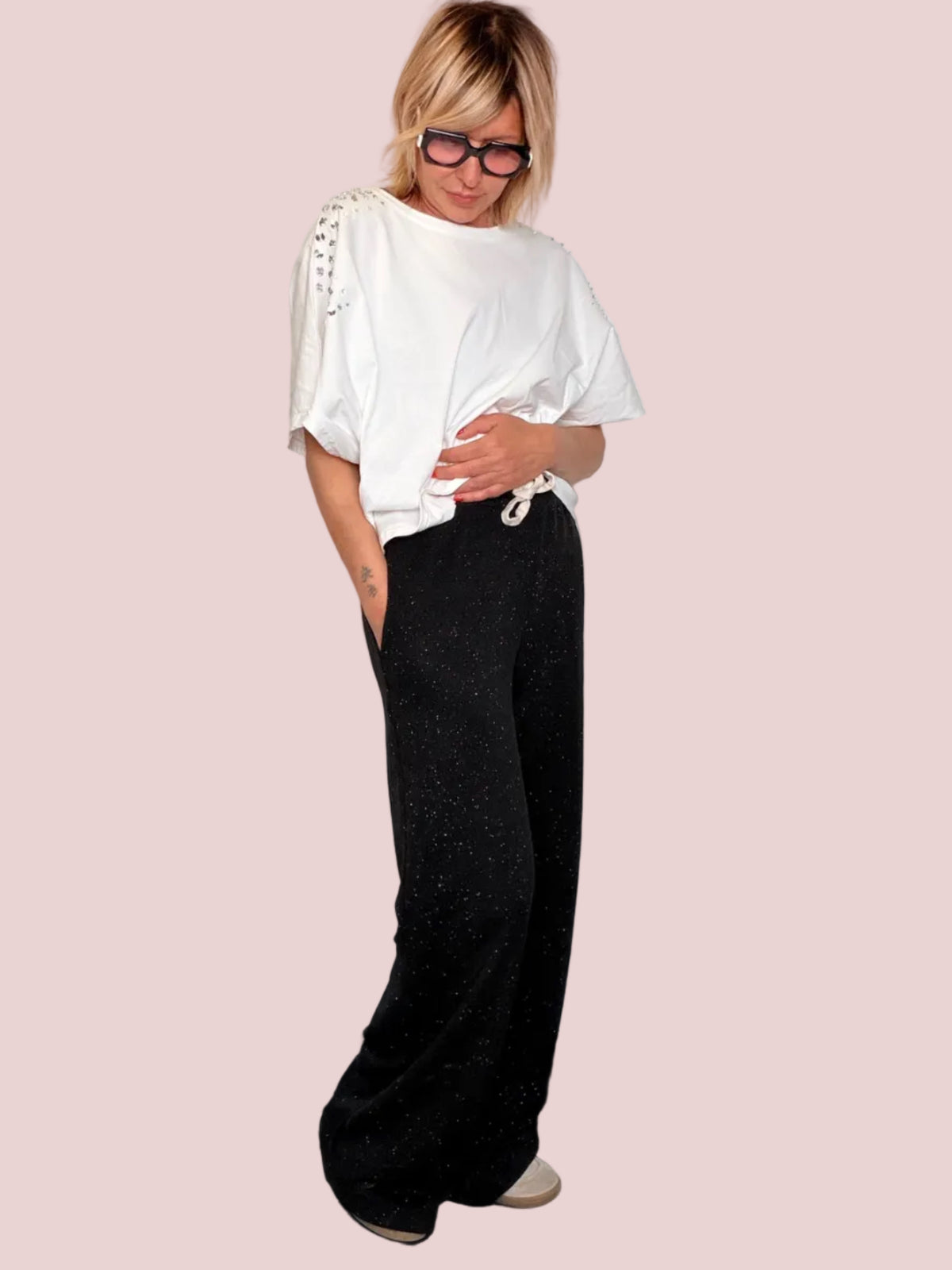 Pantalone Wide Leg con Micro Glitter — Vita Elastica con Coulisse