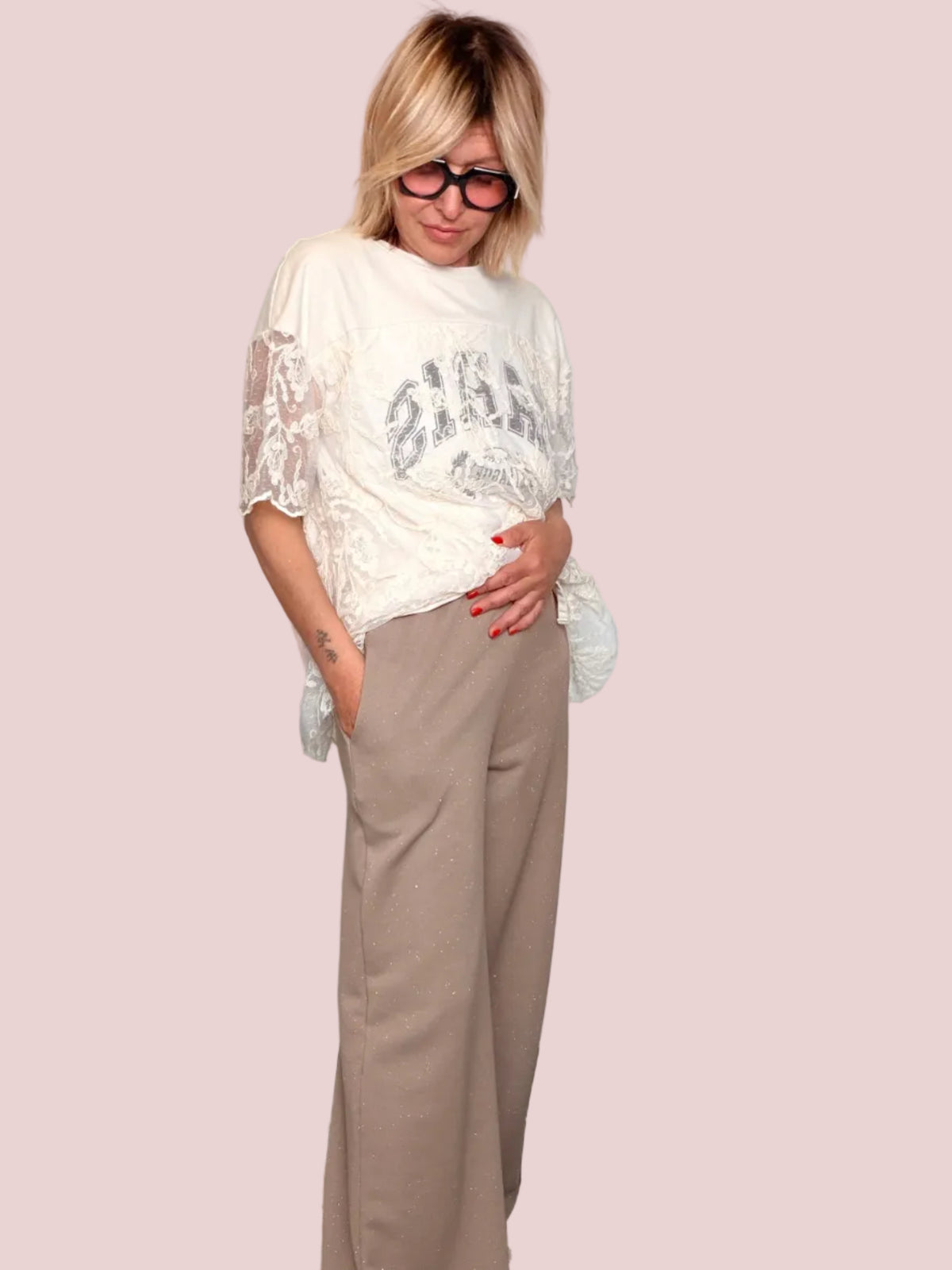 Pantalone Wide Leg con Micro Glitter — Vita Elastica con Coulisse