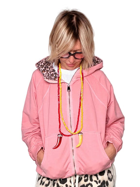 Felpa Leggera con Zip e Cappuccio Leopardato — Oversize