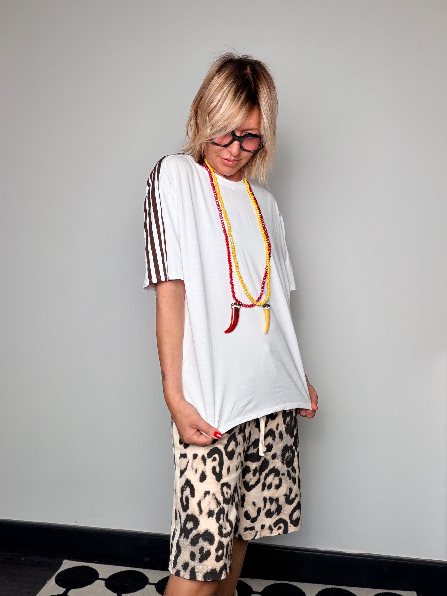 Bermuda Leopardato con Bande Laterali — Vita Elastica con Coulisse