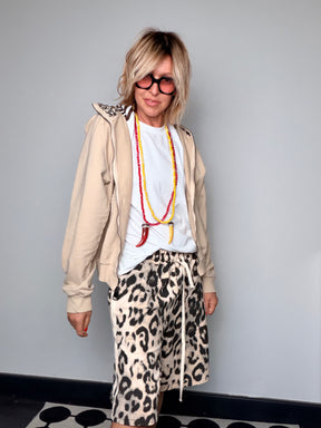 Felpa Leggera con Zip e Cappuccio Leopardato — Oversize