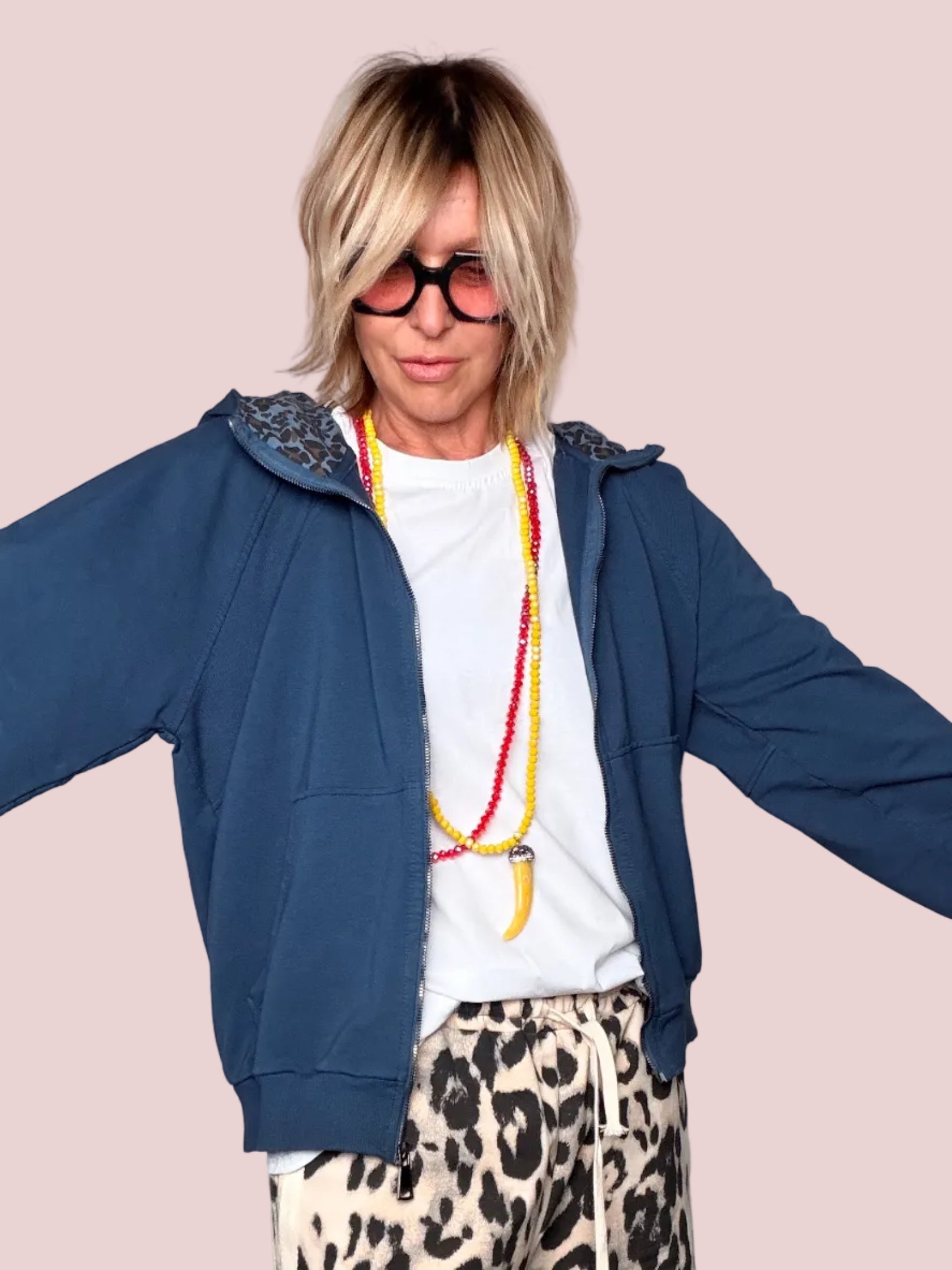 Felpa Leggera con Zip e Cappuccio Leopardato — Oversize