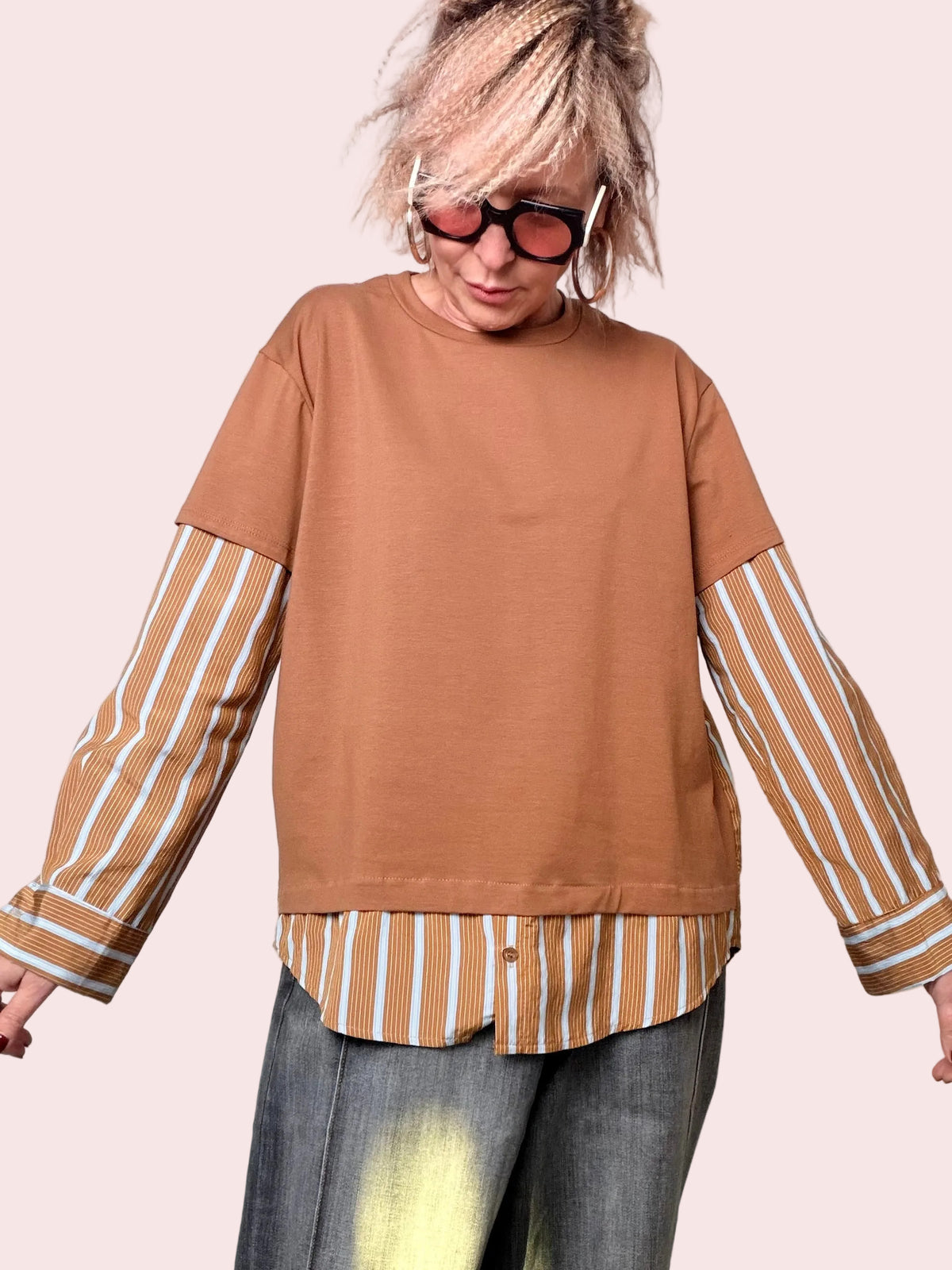 T-shirt con Inserto Camicia a Righe