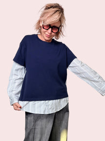 T-shirt con Inserto Camicia a Righe