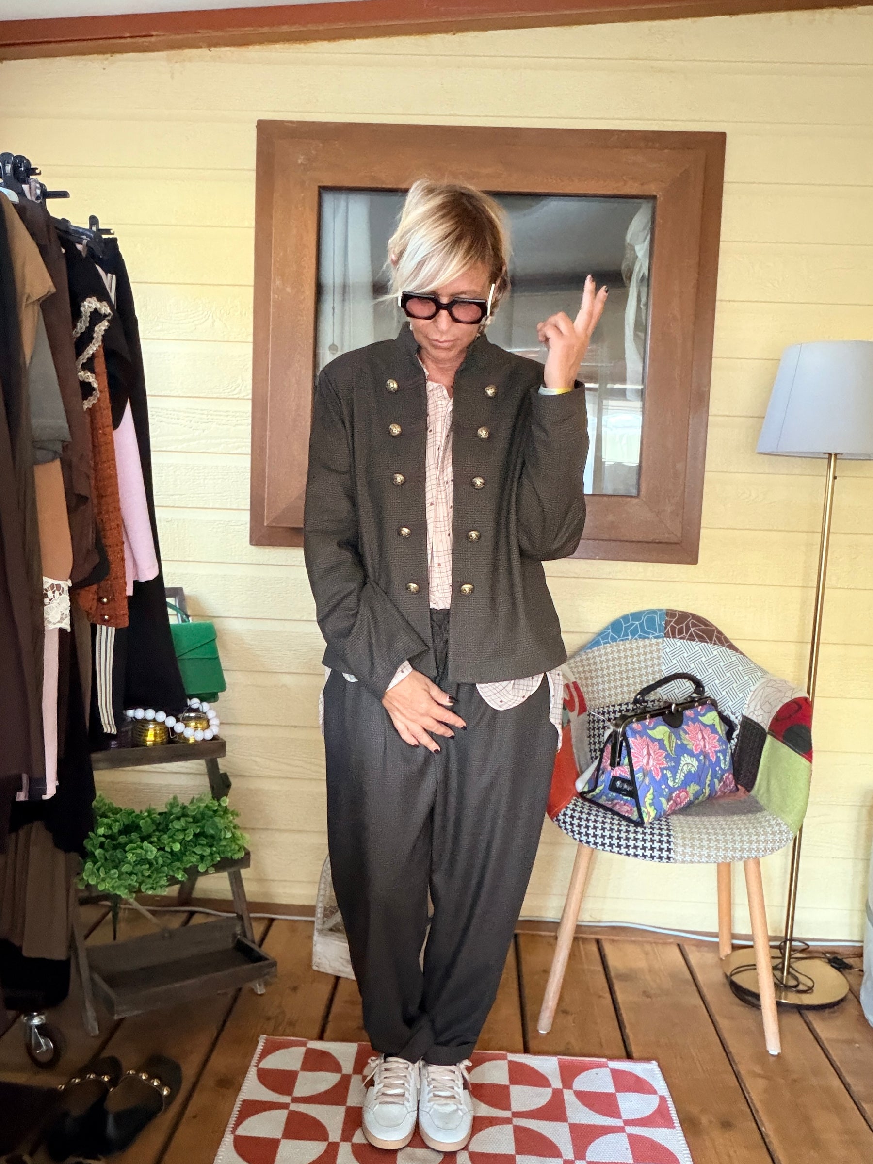 Giacca Check con Bottoni Gioiello