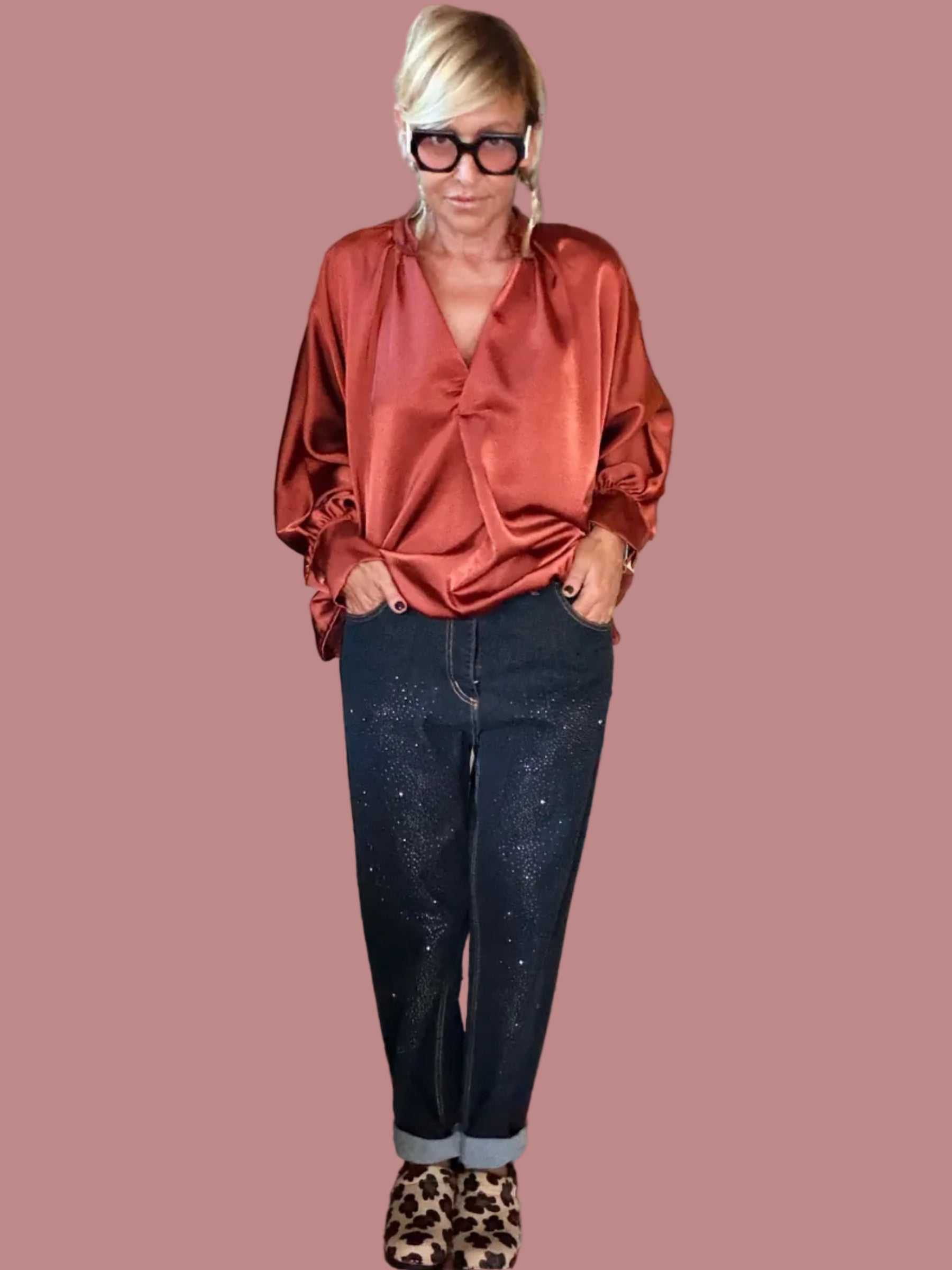 Jeans Scuro con Borchie e Punti Luce