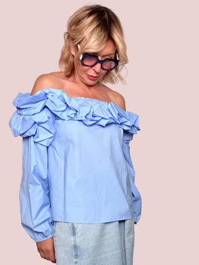 Camicia Off-Shoulder Volant Azzurra