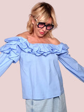 Camicia Off-Shoulder Volant Azzurra