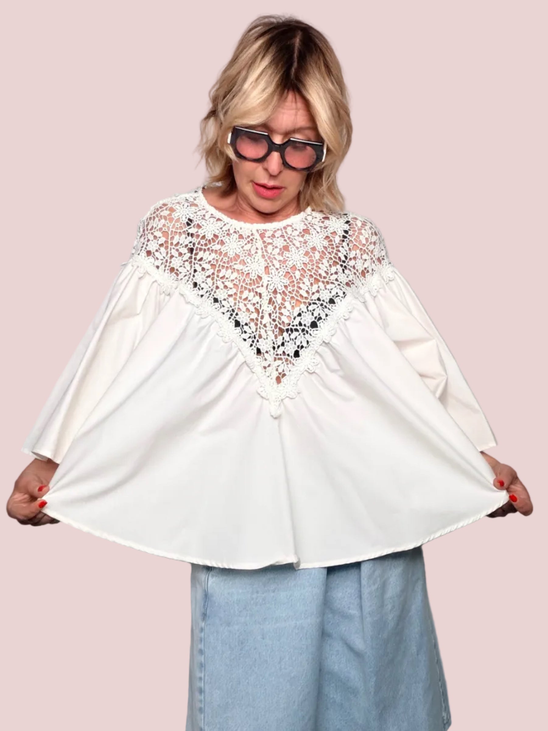 Camicia Bianca Maxi Maniche Campana Pizzo