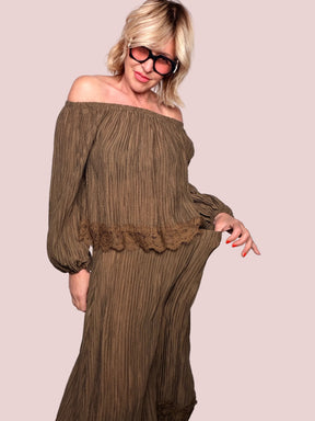 Top Off-Shoulder in Plissé con Lurex – Bordo in Pizzo