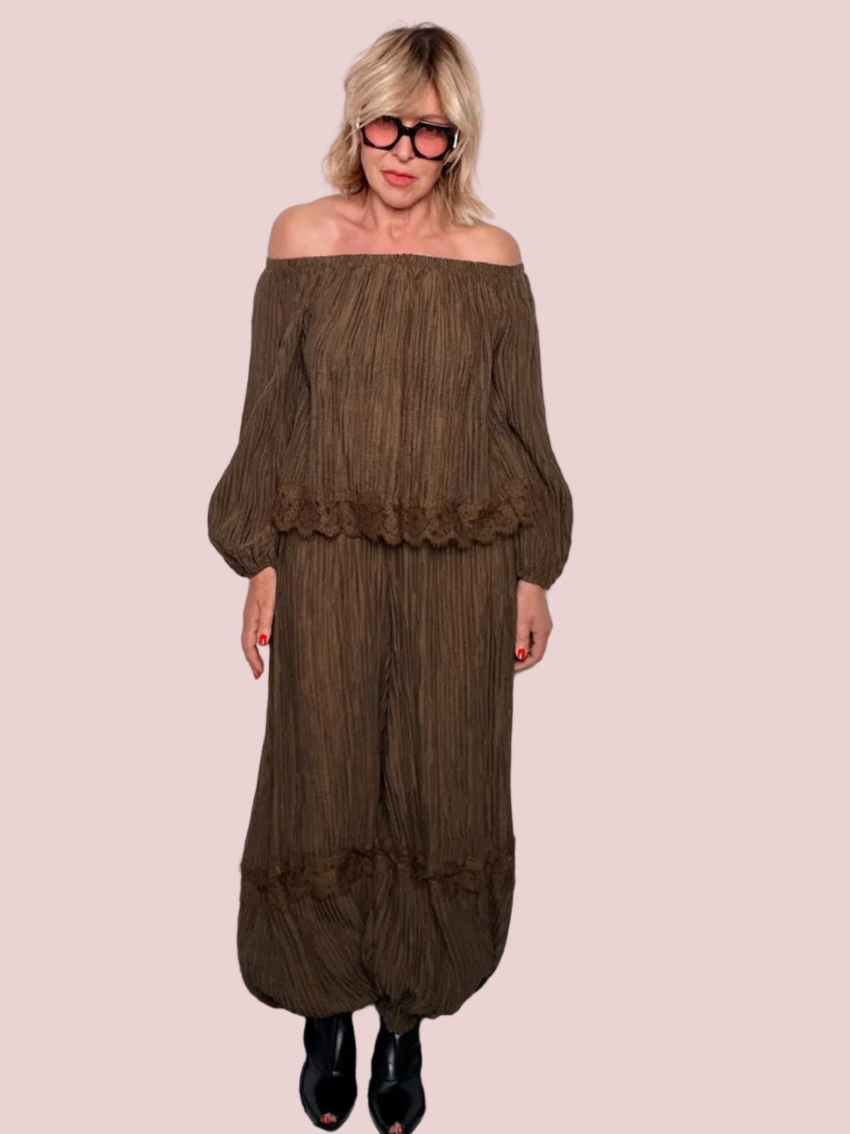 Pantalone Harem in Plissé con Lurex – Bordo in Pizzo